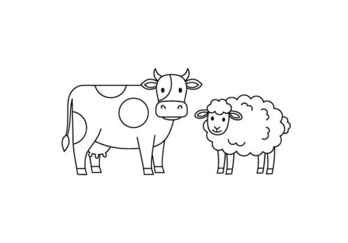 Minimalist line art of a cow and sheep standing side-by-side in a simple clean style evoking a sense of childlike wonder and farm simplicity vector