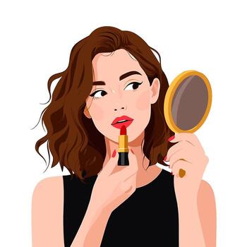 Stylish woman applying red lipstick while looking in a handheld mirror enhancing her beauty with a touch of glamour and confidence in a minimalist set vector