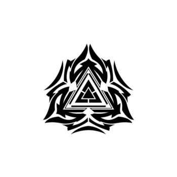 Abstract geometric symbol with triangular core and tribal flamelike elements, black on white vector