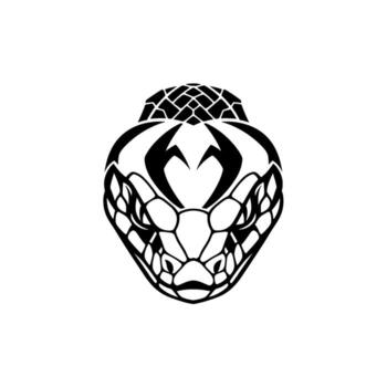 Fierce tribal tattoo style snake head with sharp fangs and intricate scale patterns, isolated on white background vector