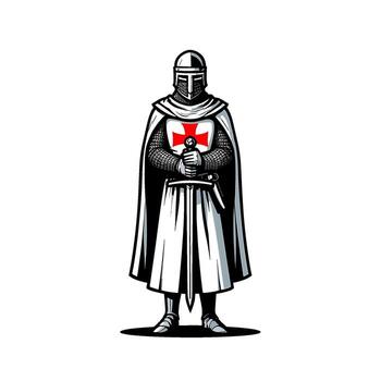 Brave Templar Knight standing guard holding a sword in a stoic pose symbolizing strength and unwavering faith in a medieval setting ready for battle vector