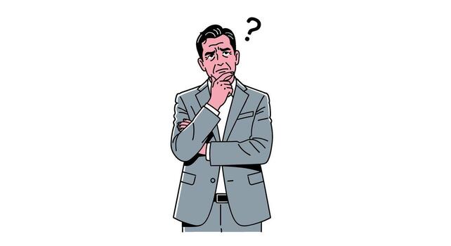 Man in a suit standing with his hand on his chin, looking up with a question mark above his head, isolated on white background vector