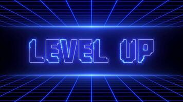 livello su neon raggiante testo animazione con futuristico blu leggero effetti e digitale griglia sfondo, retrò anni 80 stile gioco interfaccia animazione video