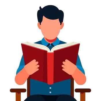 Focused student reading a large book while sitting on a chair absorbing knowledge and expanding his mind in a quiet and peaceful study environment vector