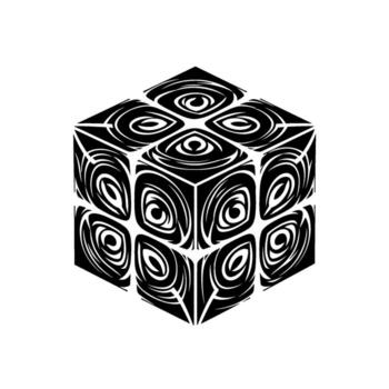 A black and white graphic of a cube with a swirling, abstract pattern on each face, isolated on white background vector