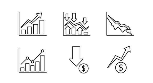 Minimalist line art showcasing financial charts and graphs indicating market trends depicting both growth and decline in a clean modern style on white vector