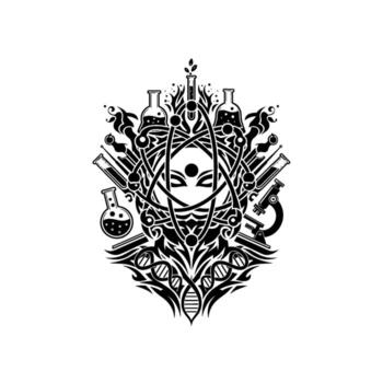 Abstract science emblem with dna, atom, microscope, and laboratory glassware isolated on white background vector