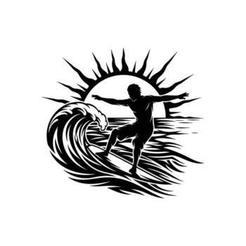 Silhouette of a surfer riding a wave with a stylized sunburst in the background, isolated on white background vector