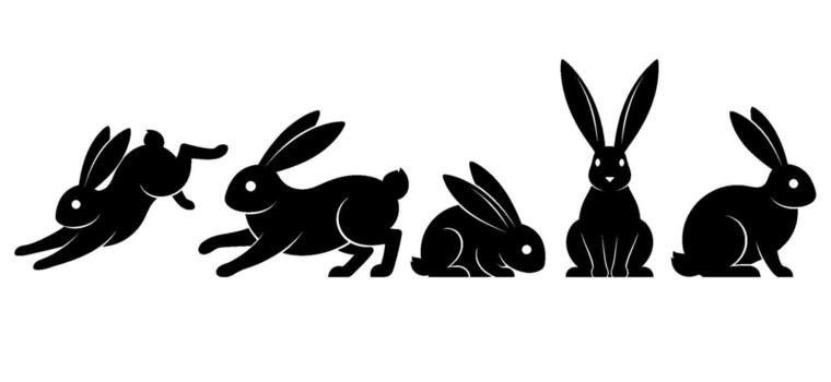 negro Conejo siluetas saltando corriendo sentado y en pie en un blanco antecedentes transporte un juguetón y energético estado animico en un minimalista estilo vector