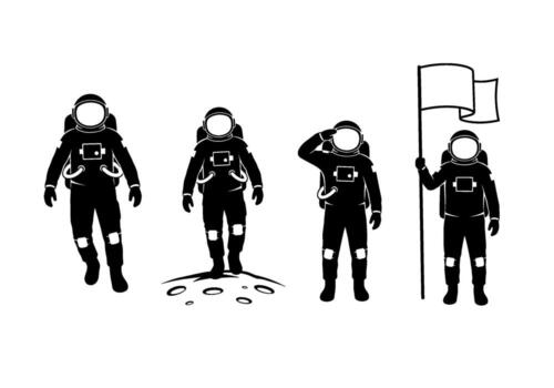 Astronauts exploring the lunar surface planting a flag and saluting in the desolate cratered landscape symbolizing space exploration and discovery vector