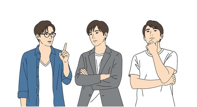 Three men in casual attire discussing ideas, one pointing and gesturing thoughtfully vector