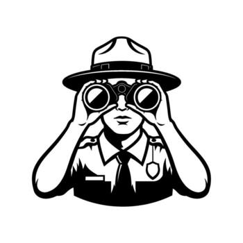 Focused park ranger in uniform using binoculars for surveillance in a forest environment embodying vigilance and dedication to protecting wildlife vector