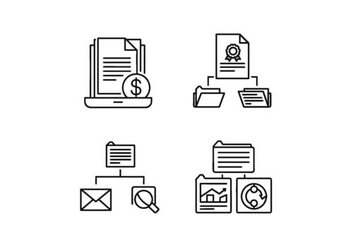 Digital document management icons showcasing financial reports data analysis and workflow automation for efficient business processes in a minimalist vector