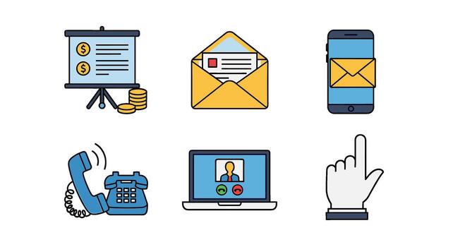 Set of business and communication icons including presentation, email, phone, call, and cursor, isolated on white background vector