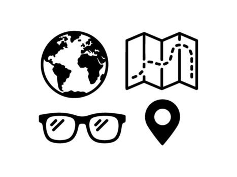 Minimalist travel icons displaying a world globe map glasses and location pin on a white background representing exploration and adventure vector