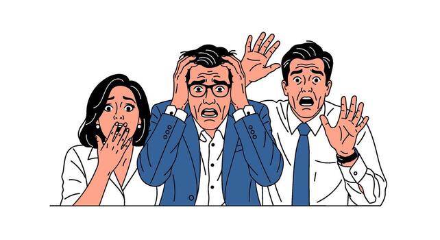 Three people in business attire expressing shock and fear with hands raised in panic, isolated on white background vector