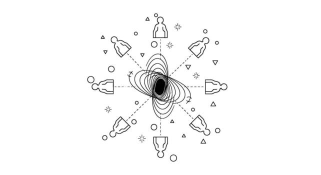 Connected figures surrounding a swirling vortex in a minimalist design representing collaboration and innovation in a modern interconnected world vector