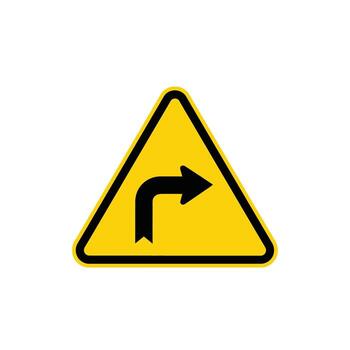Prominent yellow triangular warning sign with a bold black right-pointing arrow, indicating an upcoming turn or direction change vector