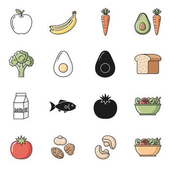 Collection of Essential Healthy Food Icons A Diverse Array of Nutritious Ingredients for Balanced Eating and Well-being vector