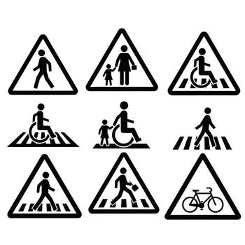 Comprehensive collection of triangular warning signs illustrating pedestrian safety, accessibility, and traffic regulations for public guidance vector