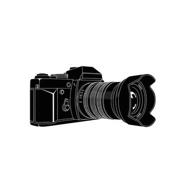 Monochrome graphic of a digital photo camera with a large lens, isolated on a white background vector