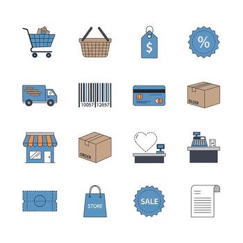 A comprehensive collection of modern flat line icons for e-commerce, shopping, and retail transactions, perfect for digital projects vector