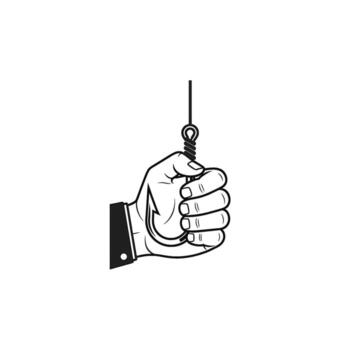 mano participación un pescar gancho en un minimalista estilo aislado en blanco representando riesgo peligro y el concepto de siendo enganchado o atrapado en un difícil vector