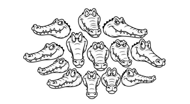 un colección de dibujos animados caimán cabezas con varios expresiones, aislado en blanco antecedentes vector
