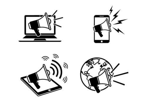digital márketing megáfono íconos radiodifusión en ordenador portátil teléfono inteligente tableta y globo simbolizando global alcanzar y comunicación en un moderno conectado vector