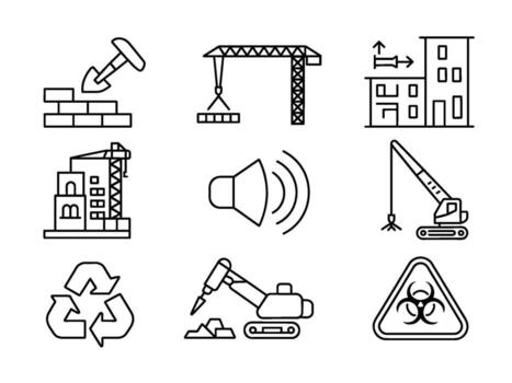 Construction and Industry Icons showing building crane sound recycling drilling and biohazard in a simple line art style representing progress vector
