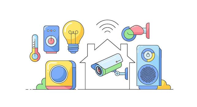 Smart home automation system isolated on white background with wireless technology, security cameras, thermostat, light bulb, and speaker for modern living vector