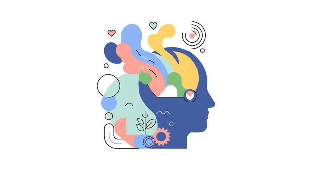 Creative mind concept isolated on white background, showcasing a head silhouette filled with colorful abstract shapes, representing imagination and innovation vector