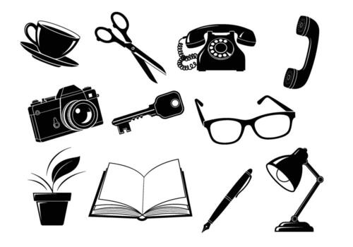 Monochrome office supplies arranged on a white background representing a minimalist and organized workspace with a classic and timeless aesthetic vector