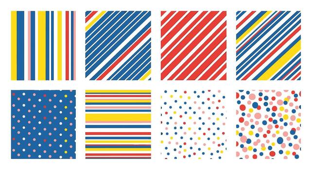 Colorful pattern set isolated on white background featuring stripes, dots, and diagonal lines in red, blue, and yellow hues, creating a vibrant and playful design vector