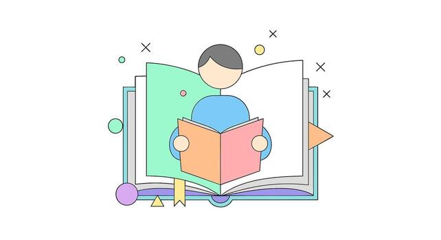Person reading a book isolated on white background, surrounded by abstract shapes and colors, creating a modern and educational design for learning and knowledge concepts vector