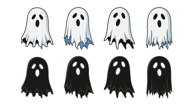 Spooky cartoon ghosts floating on a white background creating a playful and eerie atmosphere perfect for Halloween-themed designs and illustrations vector