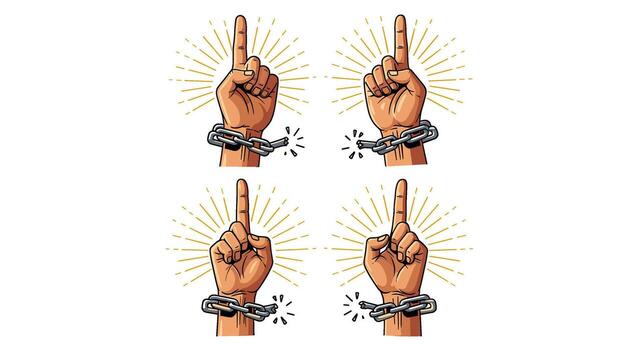 Empowered hand breaking free from chains pointing upwards in symbolic liberation representing freedom and overcoming obstacles with determination vector