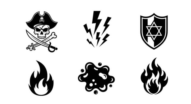 Collection of diverse black and white icons representing pirate lightning shield fire and blob elements on a clean white background symbolizing contra vector