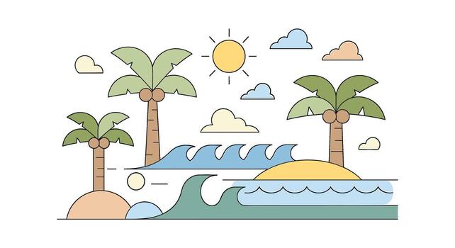 Tropical island scene isolated on white background, featuring palm trees, waves, sun, and clouds, creating a serene and inviting paradise landscape for design projects vector
