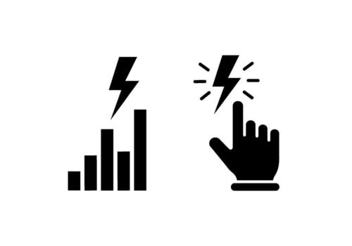 Black lightning bolt icon signaling power surge and energy boost with a hand pressing the button in a minimalist style conveying innovation and action vector