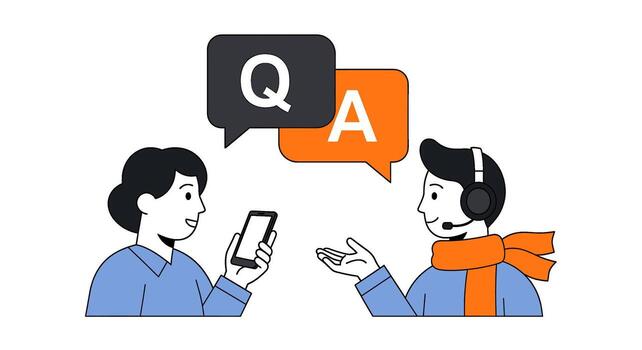 Customer support concept with two people talking and speech bubbles with q and a, isolated on white background vector
