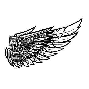 Mechanical wing with feathers and engine parts isolated on white background vector
