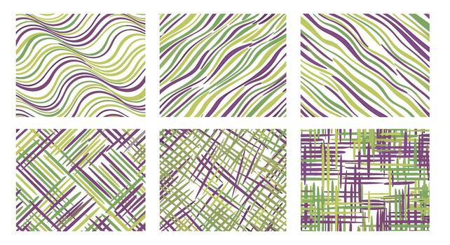 Set of six abstract wave and crosshatch patterns a collection of green and purple seamless backgrounds isolated on white background for creative projects vector