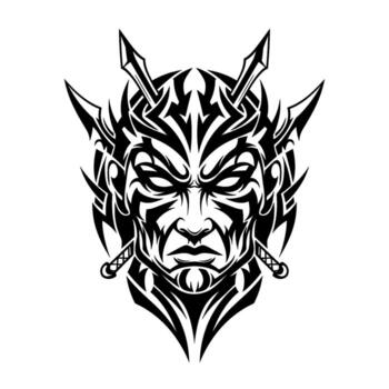 Tribal demon face with sharp horns and intense eyes, rendered in black and white vector