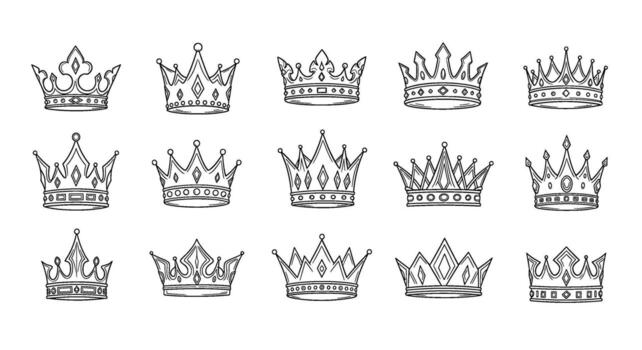 Elegant crown collection in a sketch style isolated on white showcasing royalty power and timeless design for creative projects and regal themes vector