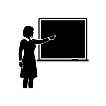 Elegant teacher presenting at a blackboard in a classroom pointing with confidence offering education and knowledge in a minimalist professional style vector