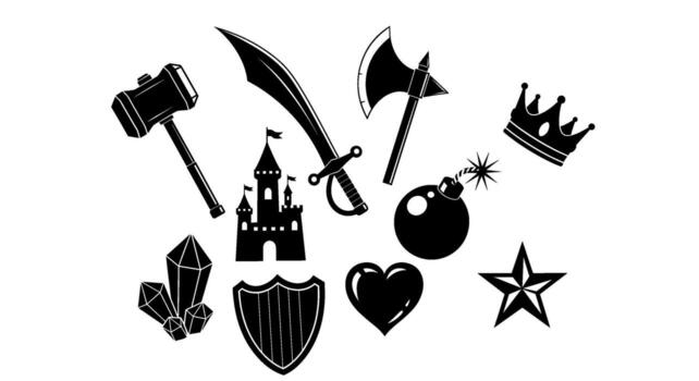 Collection of fantasy game assets isolated on white background, including weapons, a castle, a crown, and other iconic elements, perfect for game development and design vector