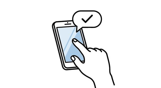 Hand touching smartphone screen with checkmark in speech bubble, mobile app confirmation, successful task, isolated on white background vector