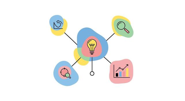 Creative idea generation isolated on white background with lightbulb surrounded by icons representing data analysis, growth, and strategy in a colorful design vector