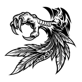 Tribal eagle claw with feathers and ornate swirling patterns, isolated on white background vector
